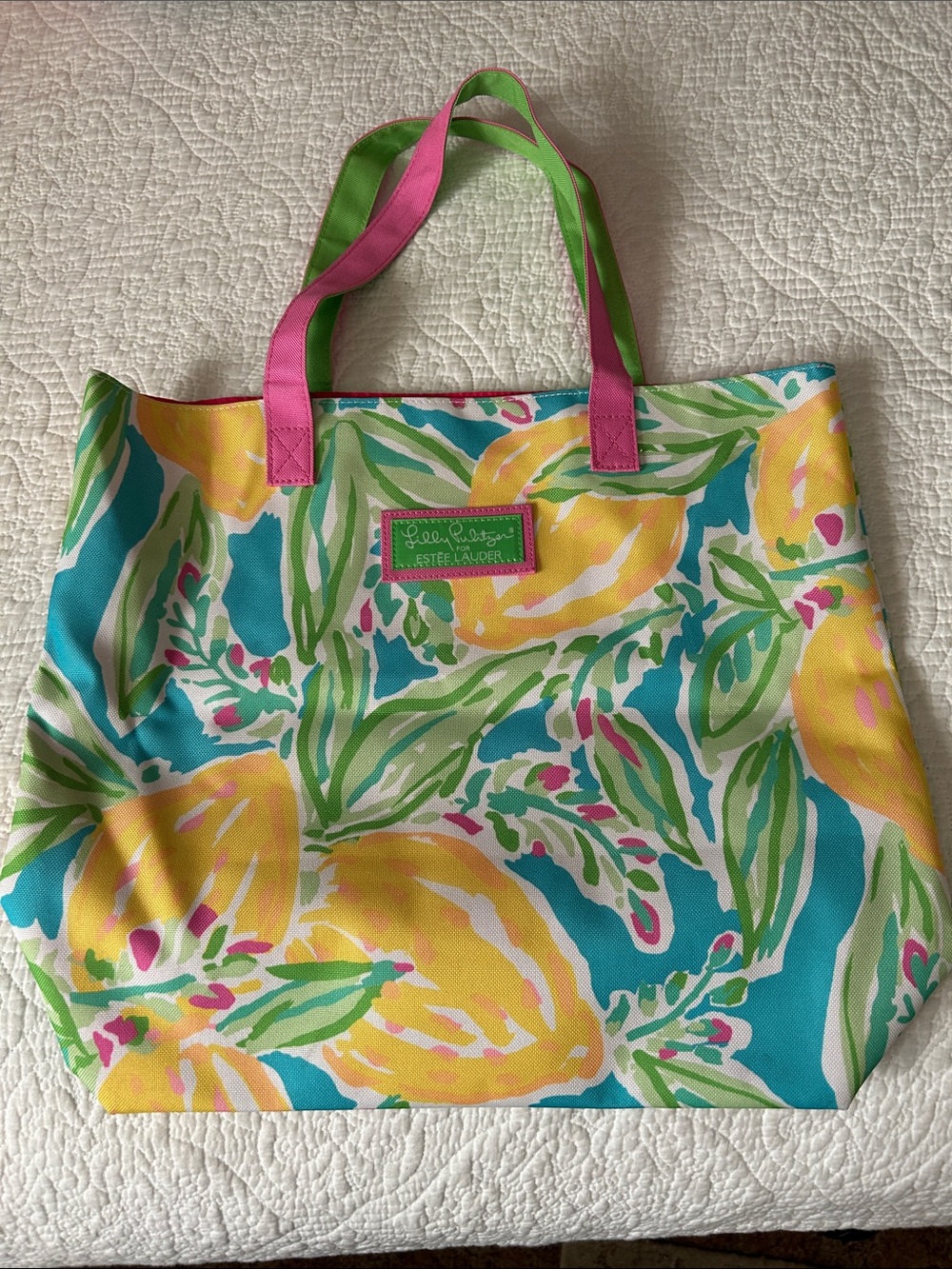 Lilly Pulitzer Yellow, Turquoise & Pink Lemon Print Canvas Tote
